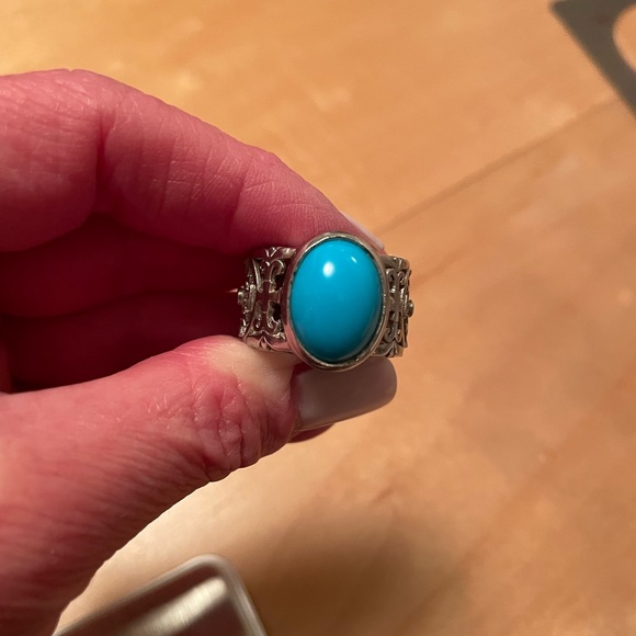 Stunning Vintage Loree Rodkin Turquoise, Platinum & Diamond Cigar Band Ring - Picture 2 of 6